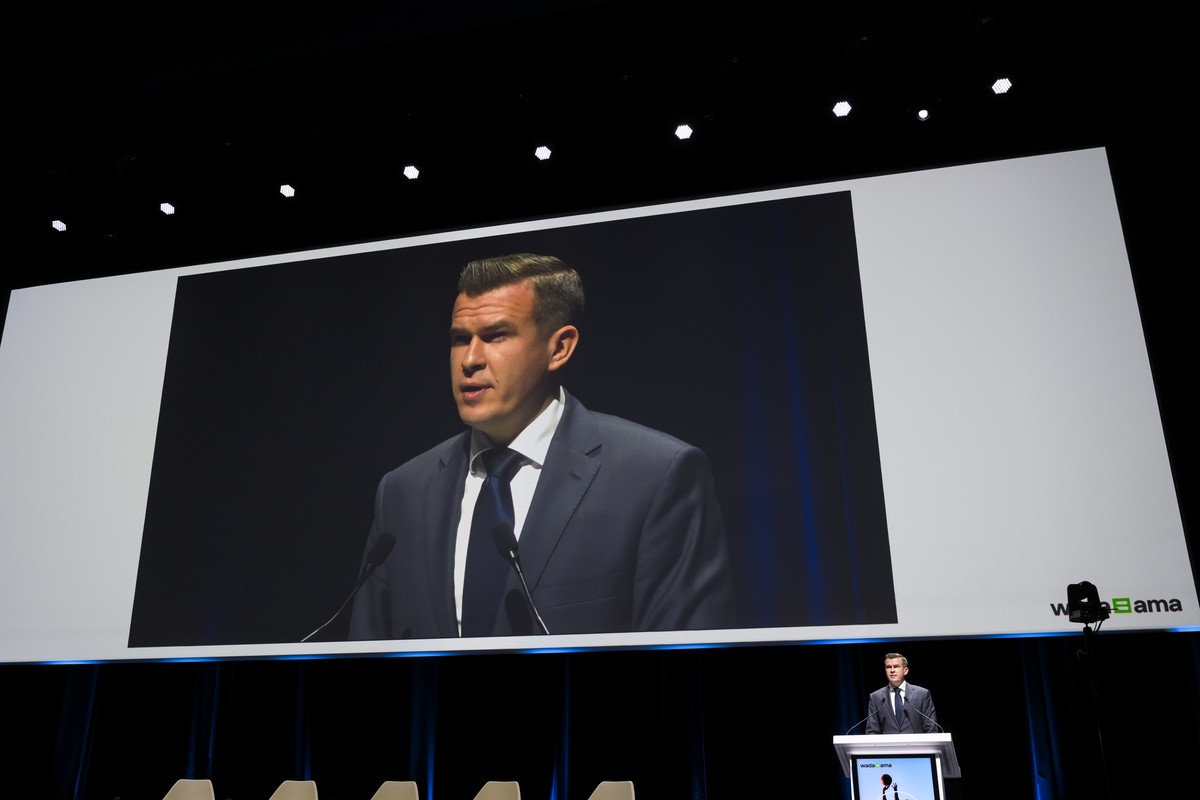Witold Banka, President of World Anti-Doping Agency (WADA), delivers his speech during the opening day of the 2022 WADA annual symposium, at the Swiss Tech Convention Center, in Lausanne, Switzerland, ...