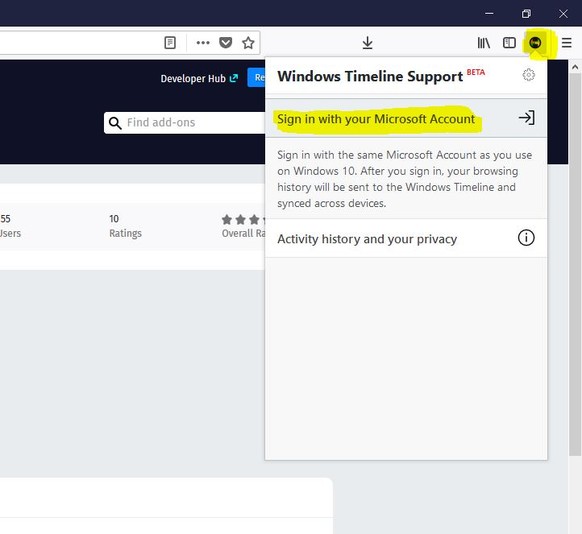 Die Browser-Erweiterung&nbsp;«Windows Timeline Support» im Firefox.