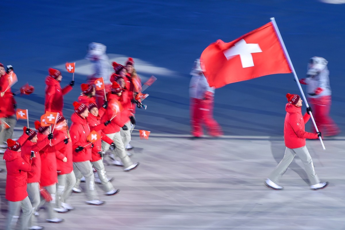 Switzerland at opening ceremony at 2018 Pyeongchang winter olympics at Pyeongchang olympic stadium, Pyeongchang, South Korea. February 09, 2018. (Photo by Ulrik Pedersen/NurPhoto via Getty Images)