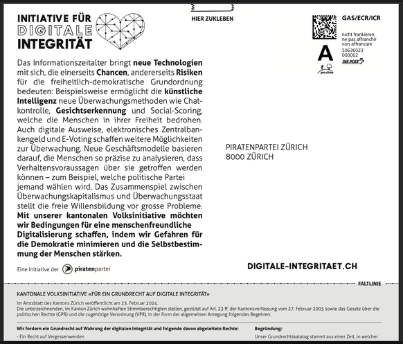 Unterschriftenbogen der kantonalen Volksinitiative der Zürcher Piratenpartei «Für ein Grundrecht auf digitale Integrität».