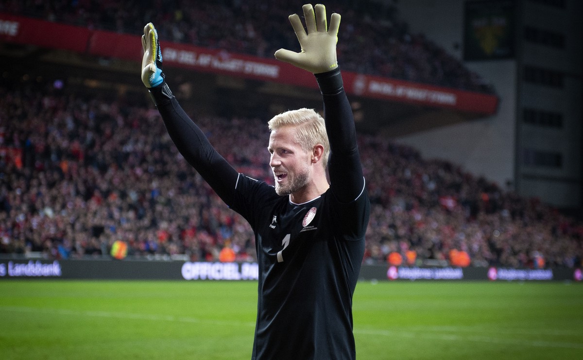 Denmark goal keeper Kasper Schmeichel celebrate after his team beat Switzerland during the Euro 2020, Group D qualifying soccer match between Denmark and Switzerland in Telia Parken in Copenhagen Satu ...