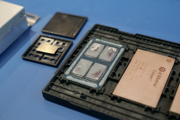 A display of d-Matrix Corsair chips and a package of 4 chips are shown in Santa Clara, Calif., Wednesday, Oct. 16, 2024. (AP Photo/Jeff Chiu)