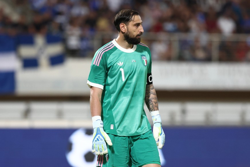 Italy's goalkeeper Gianluigi Donnarumma reacts during a friendly soccer match between Greece and Italy at Pankritio stadium in Heraklion, on the southern island of Crete, Greece, Sunday, June 7,  ...