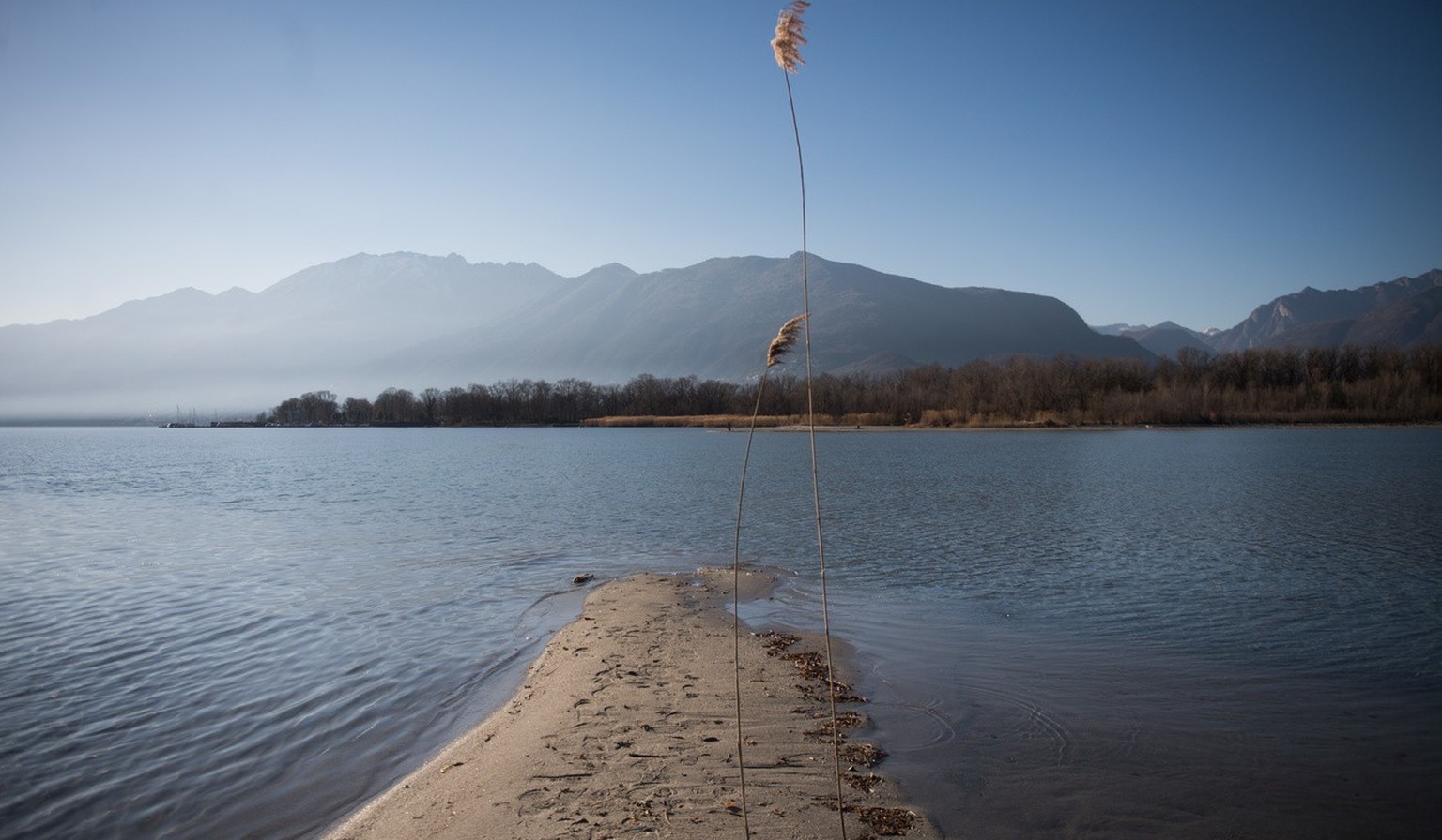 Der Lago Maggiore mit tiefem Wasserstand, aufgenommen am Mittwoch, 9. Februar 2022, in Locarno. In Teilen des Tessins herrscht derzeit Trockenheit. (KEYSTONE/Ti-Press/Alessandro Crinari)