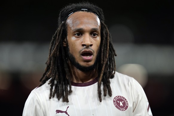 epa12425773 Kevin Mbabu of FC Midtjylland looks on during the UEFA Europa League league phase match between Nottingham Forest and FC Midtjylland, in Nottingham, Britain, 02 October 2025. EPA/TIM KEETO ...