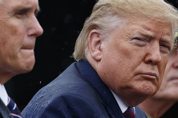 President Donald Trump and Vice President Mike Pence participate in an Armed Forces welcome ceremony for the new chairman of the Joint Chiefs of Staff, Gen. Mark Milley, Monday, Sept. 30, 2019, at Joi ...