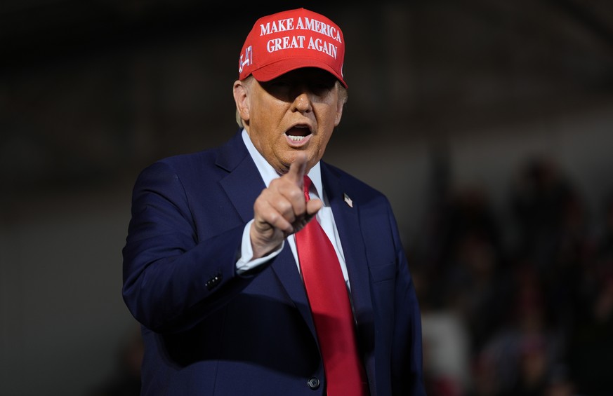 Republican presidential nominee former President Donald Trump arrives to speak during a campaign rally at Dodge County Airport, Sunday, Oct. 6, 2024, in Juneau, Wis. (AP Photo/Julia Demaree Nikhinson) ...