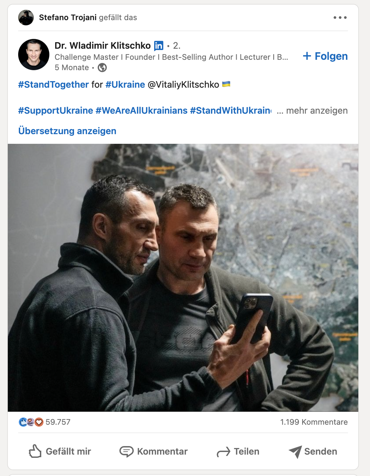 Eines von zehntausenden Likes für ein Posting der Klitschko-Brüder, in dem sie zur Unterstützung ihres Heimatlandes aufriefen, stammte von Trojani.