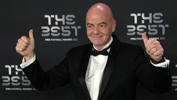 FIFA president Gianni Infantino poses on the green carpet before the ceremony of the Best FIFA Football Awards in Paris, France, Monday, Feb. 27, 2023. (AP Photo/Michel Euler)