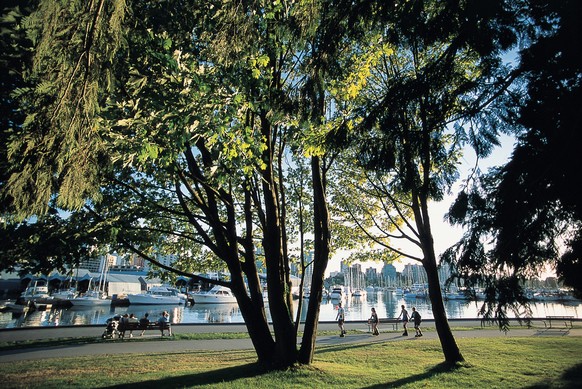 People rollerblading on the Stanley Park seawall near the Coal Harbour marina in Vancouver.