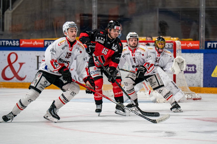 Basel, Switzerland, November 09 2025: Gianluca Barbei, Gian-Marco Hammerer in action during the Swiss League Ice hockey, Eishockey game between EHC Basel and EHC Chur at St. Jakob-Arena in Basel, Swit ...