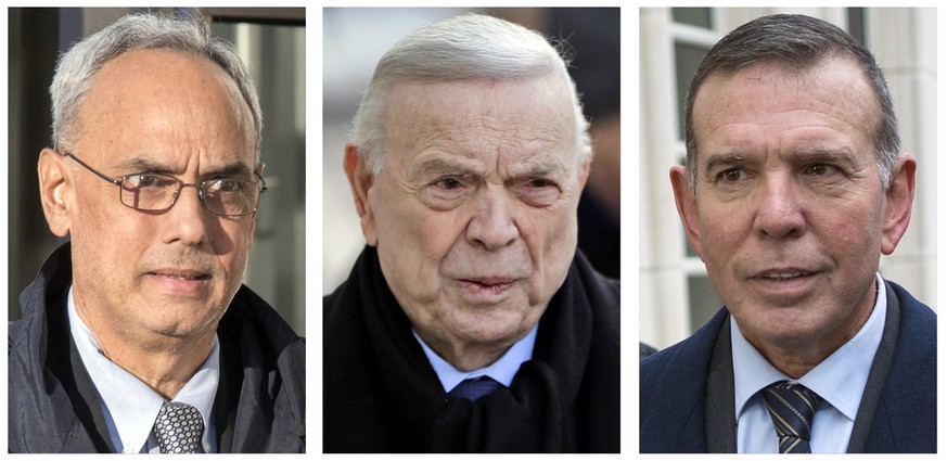 FILE - In these 2017 file photo, three former South American soccer officials, from left, Manuel Burga, of Peru; Jose Maria Marin, of Brazil; and Juan Angel Napout, of Paraguay, accused of accepting m ...