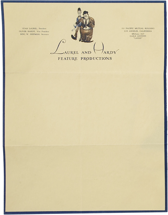 1940s
A rare letterhead from Laurel and Hardy Feature Productions, the short-lived company founded by Stan Laurel and Oliver Hardy in 1940 after their departure from Hal Roach Studios. Listed are Laur ...