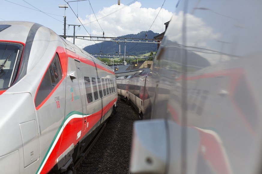 Trains in Arth-Goldau railway station, canton of Schwyz, pictured from a train travelling from Bellinzona to Zurich, via the Gotthard mountain route, Switzerland, on June 27, 2016. (KEYSTONE/Gaetan Ba ...