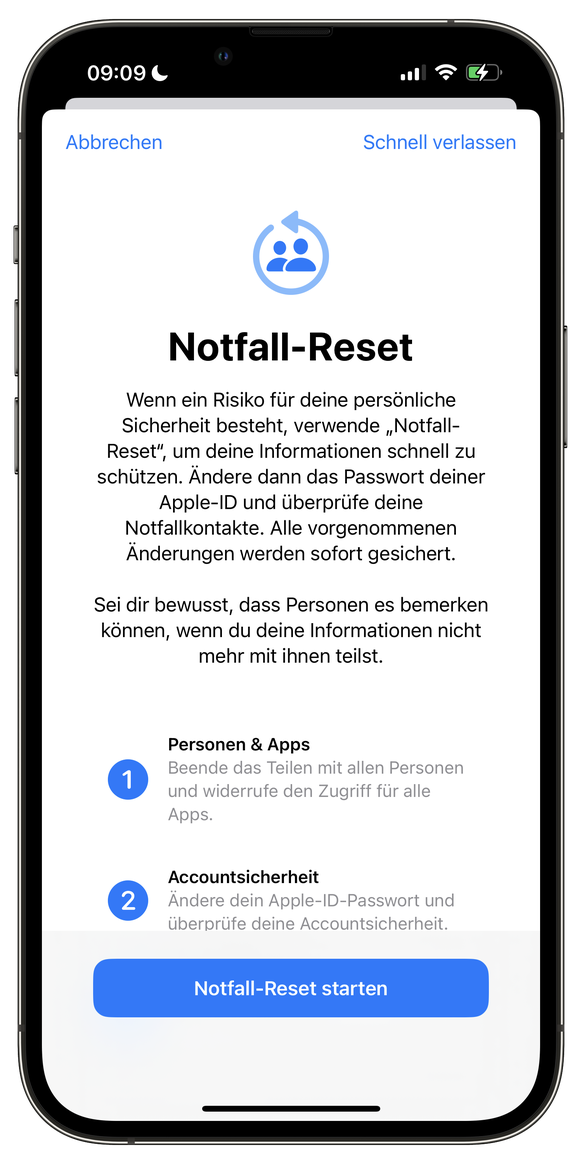 iOS 16 bietet die Funktion «Notfall-Reset».