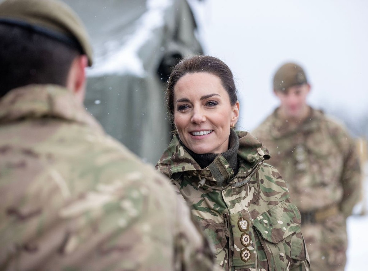 SALISBURY, ENGLAND - MARCH 08: Catherine, Princess of Wales meets personnel on exercise during her visit to the Irish Guards on Salisbury Plain, on March 8, 2023 in Salisbury, England. The Princess of ...