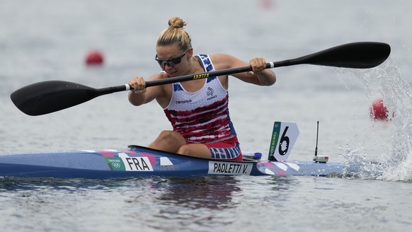 Vanina Paoletti of France competes in the women&#039;s kayak single 200m heat during the 2020 Summer Olympics, Monday, Aug. 2, 2021, in Tokyo, Japan. (AP Photo/Lee Jin-man)