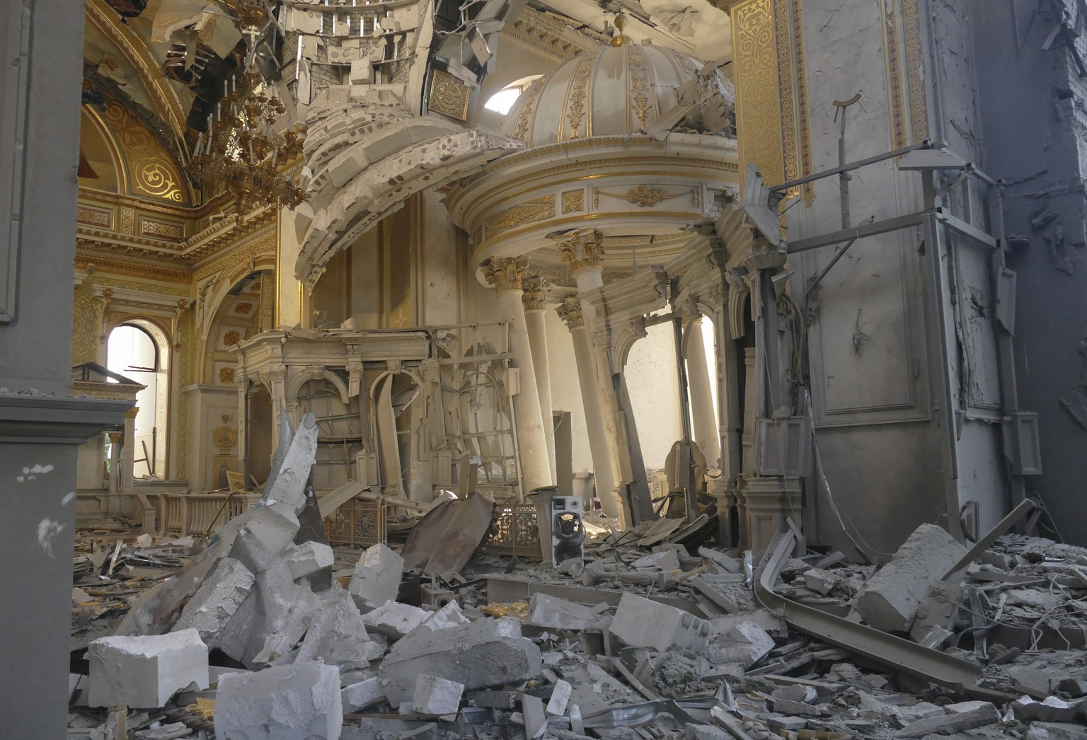 epa10763455 An internal view of the Transfiguration Cathedral, damaged by a missile attack in the Odesa region, southern Ukraine, 23 July 2023. Odesa was attacked by 19 missiles of different classes e ...