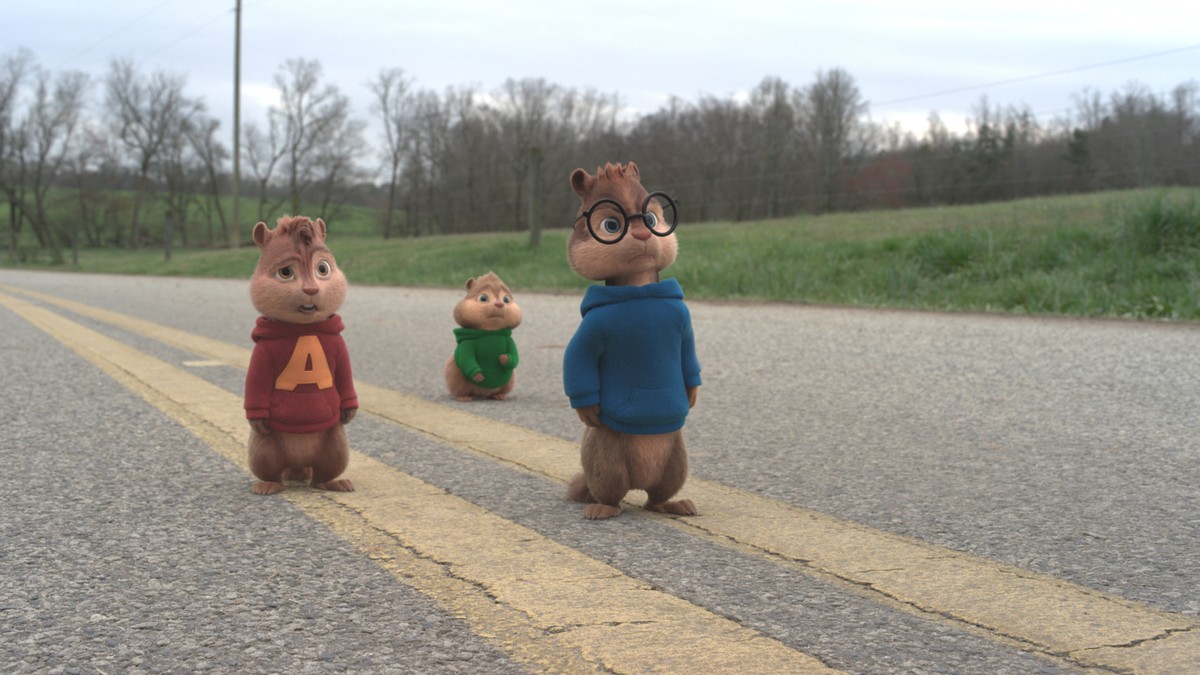 This photo provided by courtesy of Twentieth Century Fox shows, Chipmunks, from left, Alvin, Theodore and Simon facing yet another challenge during their eventful Road Chip in "Alvin and the Chip ...