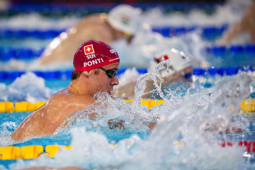 Swiss Swimmer Noe Ponti competes in the Men&#039;s 100m Individual Medley (IM) Heats during the European Aquatics Short Course Swimming Championships in Lublin, Poland, Wednesday, Dec. 3, 2025. (KEYST ...