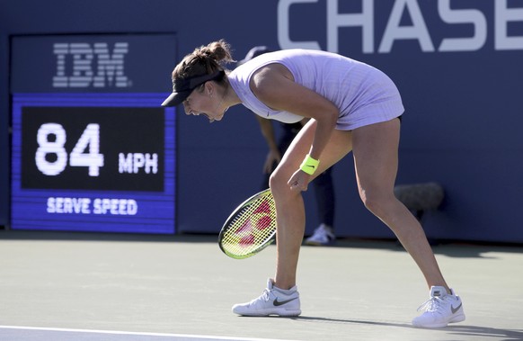 Belinda Bencic, of Switzerland, reacts after scoring a point against Alize Cornet, of France, during the second round of the US Open tennis championships Thursday, Aug. 29, 2019, in New York. (AP Phot ...