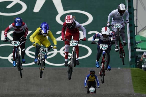 From left to right in foreground, Sae Hatakeyama of Japan, Saya Sakakibara of Australia, Zoe Claessens of Switzerland, Bethany Shriever of Britain, and Vineta Petersone of Latvia, are followed by Chut ...