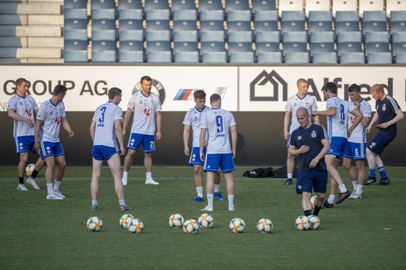 The Faroe Islands Team of KI Klaksvik at a training session at the swissporarena stadium in Lucerne, Switzerland, on Wednesday, July, 24, 2019. Faroe Islands Team of KI Klaksvik scheduled to play agai ...