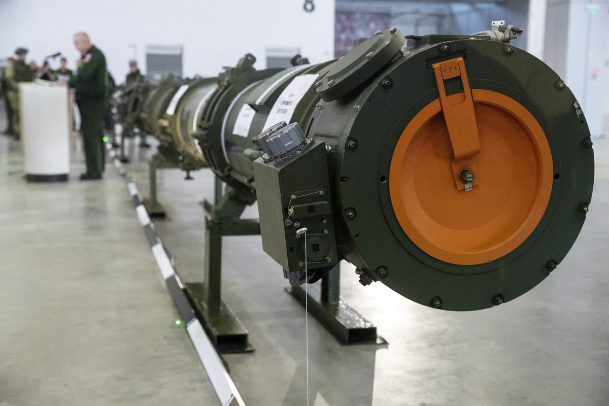 The 9M729 land-based cruise missile in Kubinka outside Moscow, Russia, Wednesday, Jan. 23, 2019. The Russian military on Wednesday rolled out its new missile and spelled out its specifications, seekin ...