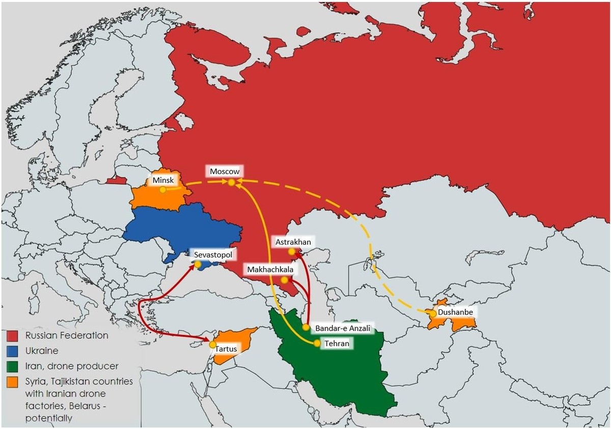 Lieux de production et itinéraires de livraison des drones iraniens, selon le Centre de la résistance nationale de l'Ukraine.