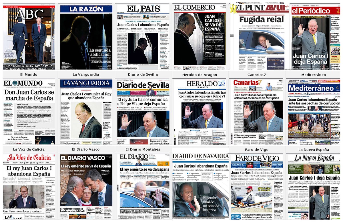 epa08583122 News of Spain's former King Juan Carlos, 82, leaving Spain to protect the Spanish Monarchy's image after corruption allegations surfaced against him, dominate the frontpages of S ...
