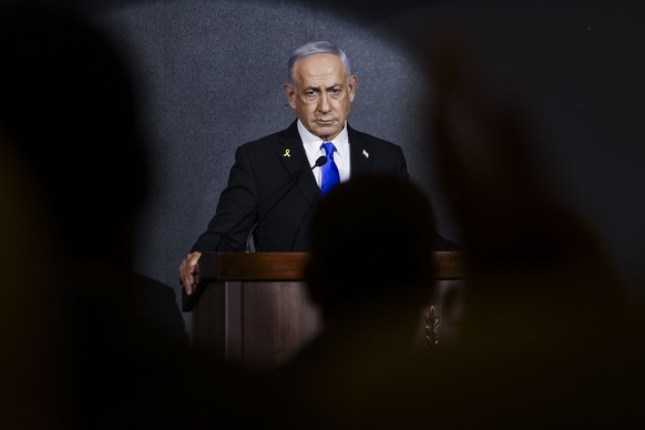 epa12298643 Israeli Prime Minister Benjamin Netanyahu delivers a speech during the U.S. Independence Day reception hosted by Newsmax, at the Waldorf Astoria Hotel in Jerusalem, 13 August 2025. Newsmax ...