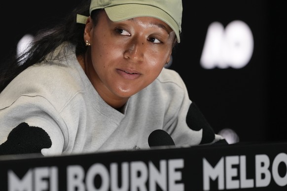 Japan&#039;s Naomi Osaka reacts during a press conference ahead of the Australian Open tennis championships at Melbourne Park, Melbourne, Australia, Friday, Jan. 12, 2024. (AP Photo/Mark Baker)