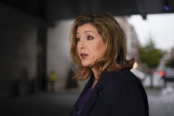 Conservative Party leadership candidate Penny Mordaunt speaks to the media as she leaves the BBC studios, in London, Sunday, Oct. 23, 2022. (AP Photo/Alberto Pezzali)
Penny Mordaunt