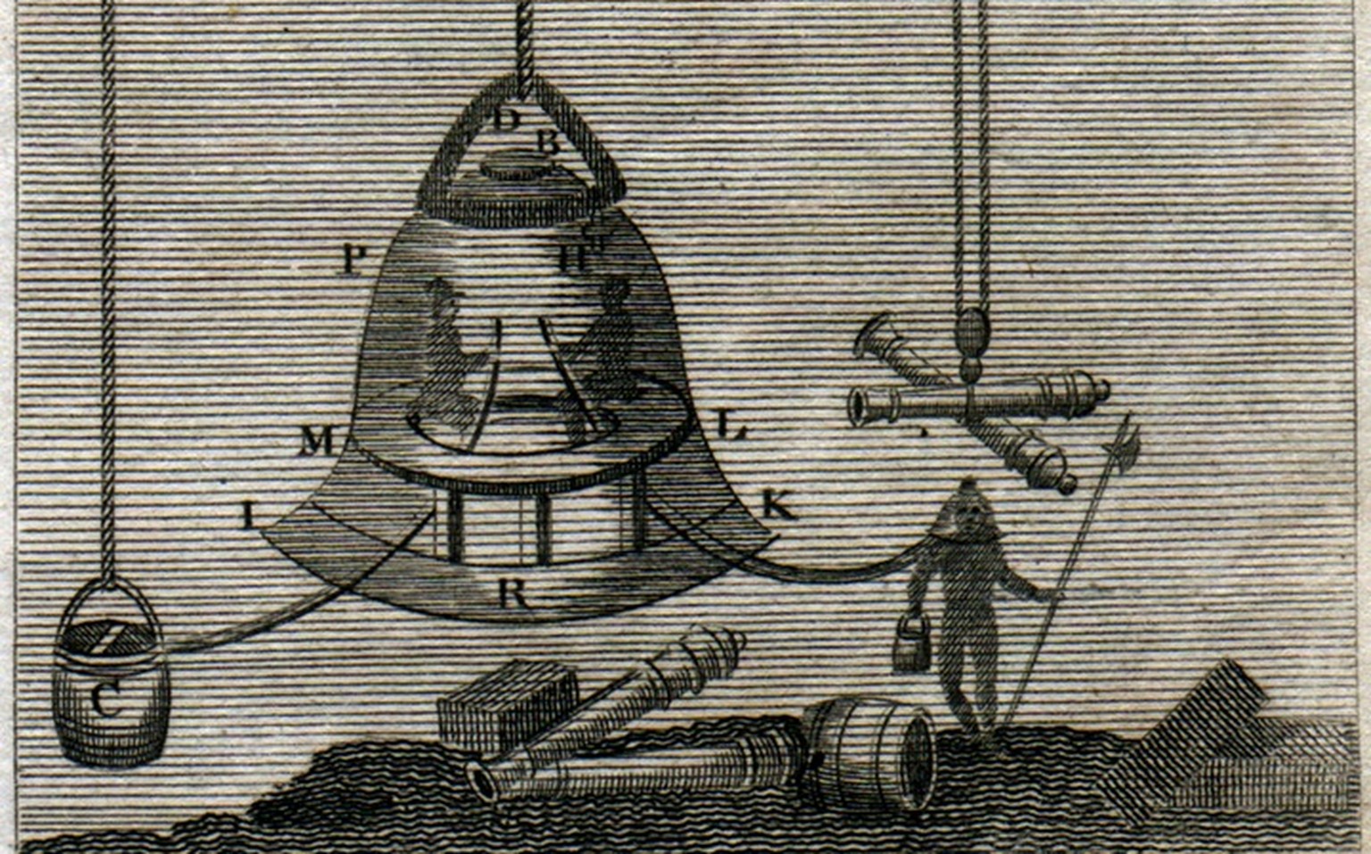 Halleys offene Taucherglocke mit zusätzlicher Luftversorgung (1691).