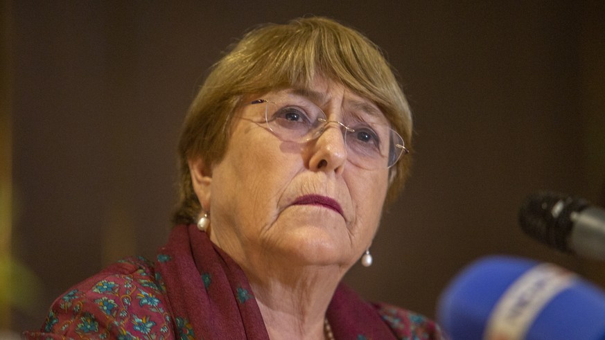 epa10125848 United Nations High Commissioner for Human Rights Michelle Bachelet addresses the media in Dhaka, Bangladesh, 17 August 2022. Bachelet arrived to Bangladesh on a four-day visit to meet wit ...