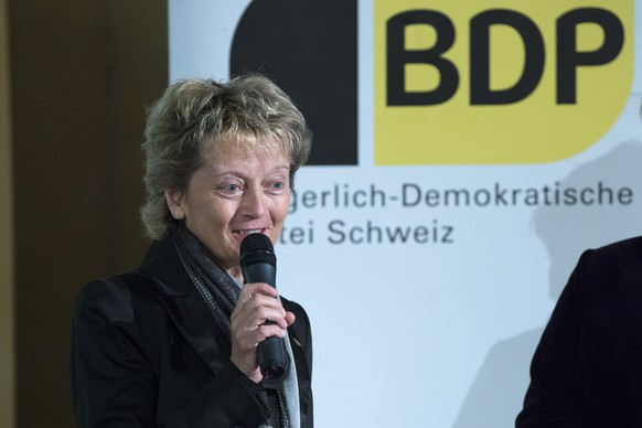 BDP-Bundesraetin Eveline Widmer-Schlumpf, spricht an der Delegiertenversammlung der Buergerlich-Demokratischen Partei Schweiz, BDP, am Samstag, 11. Januar 2014, in Thun. (KEYSTONE/Marcel Bieri)