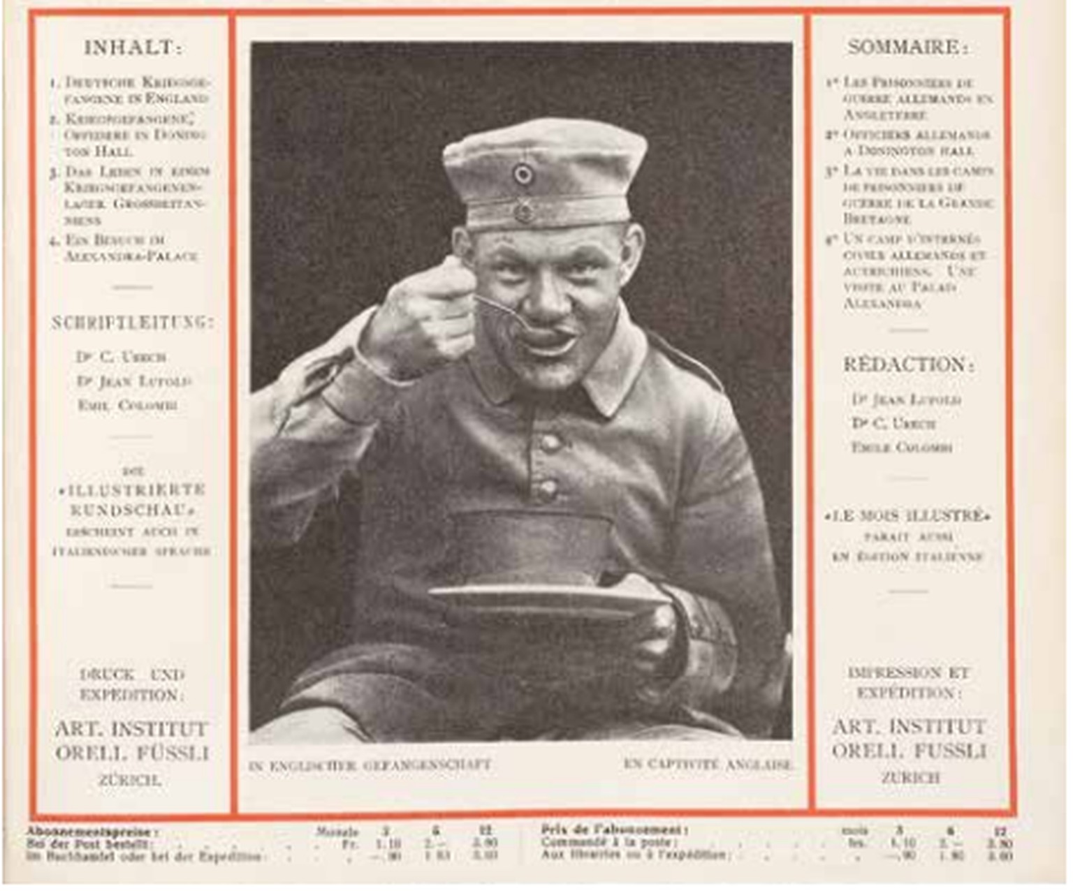 So schön haben es die Deutschen in Gefangenschaft! Die Titelseite der&nbsp;Illustrierten Rundschau zeigt einen fröhlich speisenden Deutschen in britischer Kriegsgefangenschaft, 1918.