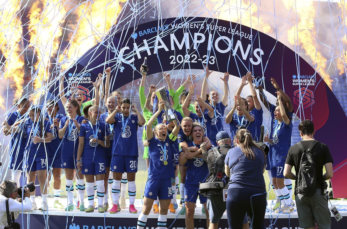Chelsea players celebrate becoming WSL champions after the Barclays Women's Super League match at the Select Car Leasing Stadium, Reading, Saturday May 27, 2023. (Nigel French/PA via AP)