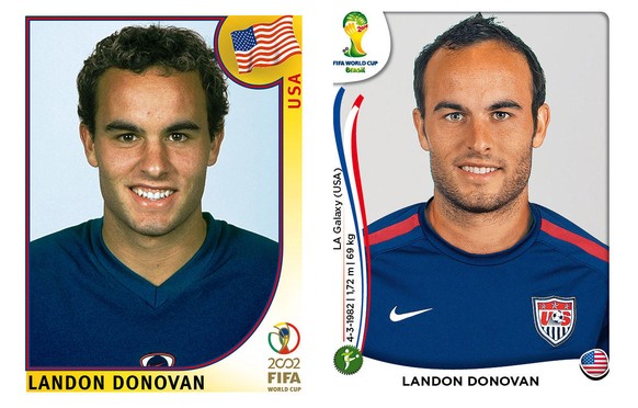 Landon Donovan: 2002 und 2014: Leider bei der WM in Brasilien doch nicht dabei. Immerhin kann er sich über sein Panini-Bild freuen: Vom Frauenschreck zum US-Posterboy