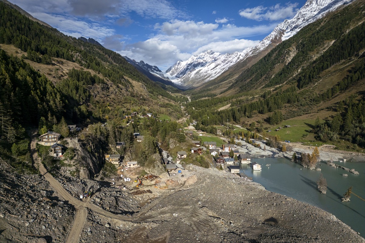 An aerial view shows the site of the destroyed village of Blatten, 4 months after a landslide destroyed the village, in Blatten, Switzerland, on Tuesday, September 30, 2025. On May 28, 2025, the villa ...
