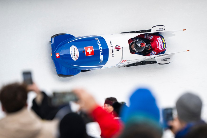 Inola Blatty/Muswama Kambundji of Switzerland in action during the Women's 2-Bob World Cup, in St. Moritz, Switzerland, Sunday, Jan. 11, 2026. (Mayk Wendt/Keystone via AP)
Switzerland World Cup B ...