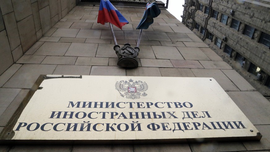 epa06618090 A plaque of Russian Foreign Ministry on a wall of its building in Moscow, Russia, 21 March 2018, as foreign diplomats attend a Russian Foreign Ministry's briefing on Sergei Skripal an ...