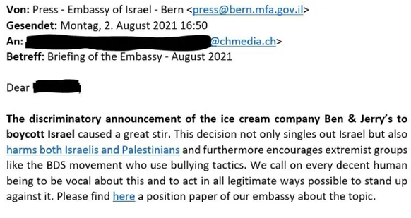 Ausriss aus dem E-Mail der israelischen Botschaft in Bern an die CH-Media-Redaktion.