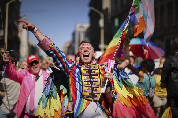 A participant in the Pride march cheers in Budapest, Hungary, Saturday, June 28, 2025. (AP Photo/Rudolf Karancsi)
APTOPIX Hungary Pride March