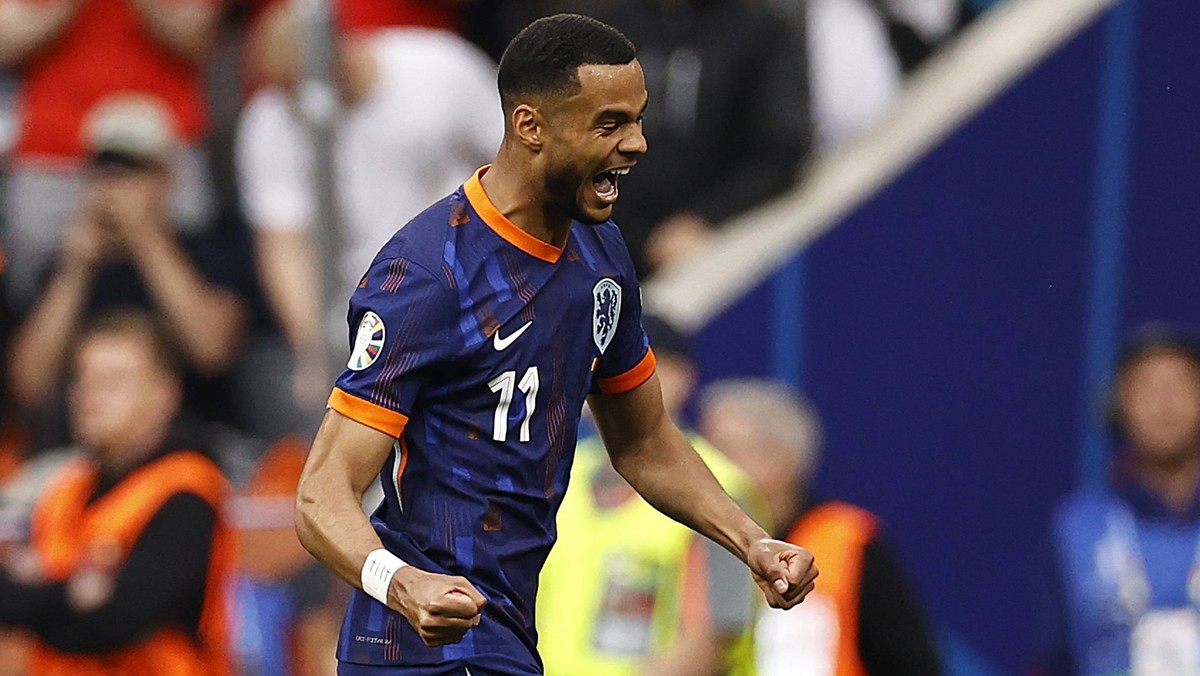 MUNICH - Cody Gakpo of Holland 11 celebrates the 0-1 during the UEFA EURO, EM, Europameisterschaft,Fussball 2024 round of 16 match between Romania and the Netherlands at the Munich Football Arena on J ...