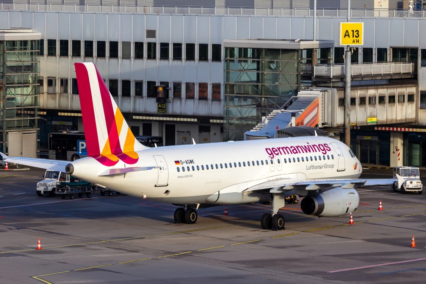 GermanWings Airbus A319-100 passenger plane at Dusseldorf Airport. Germany - December 17, 2015, GermanWings Airbus A319-100 passenger plane at Dusseldorf Airport. Germany - December 17, 2015 travel ai ...