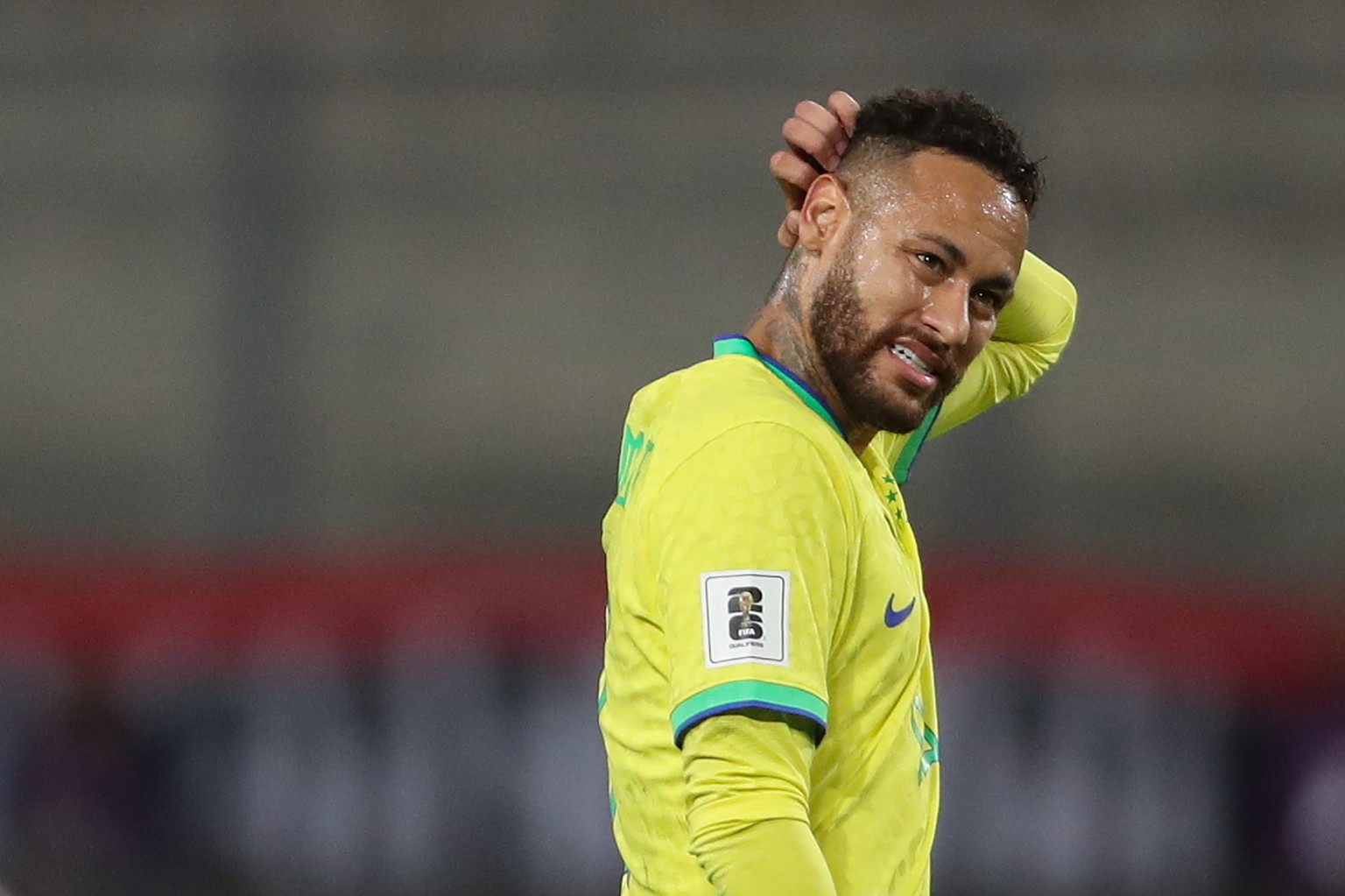 epa10857812 Neymar of Brazil reacts during a 2026 FIFA World Cup qualification soccer match between Peru and Brazil at the Nacional Stadium in Lima, Peru, 12 September 2023. EPA/Paolo Aguilar