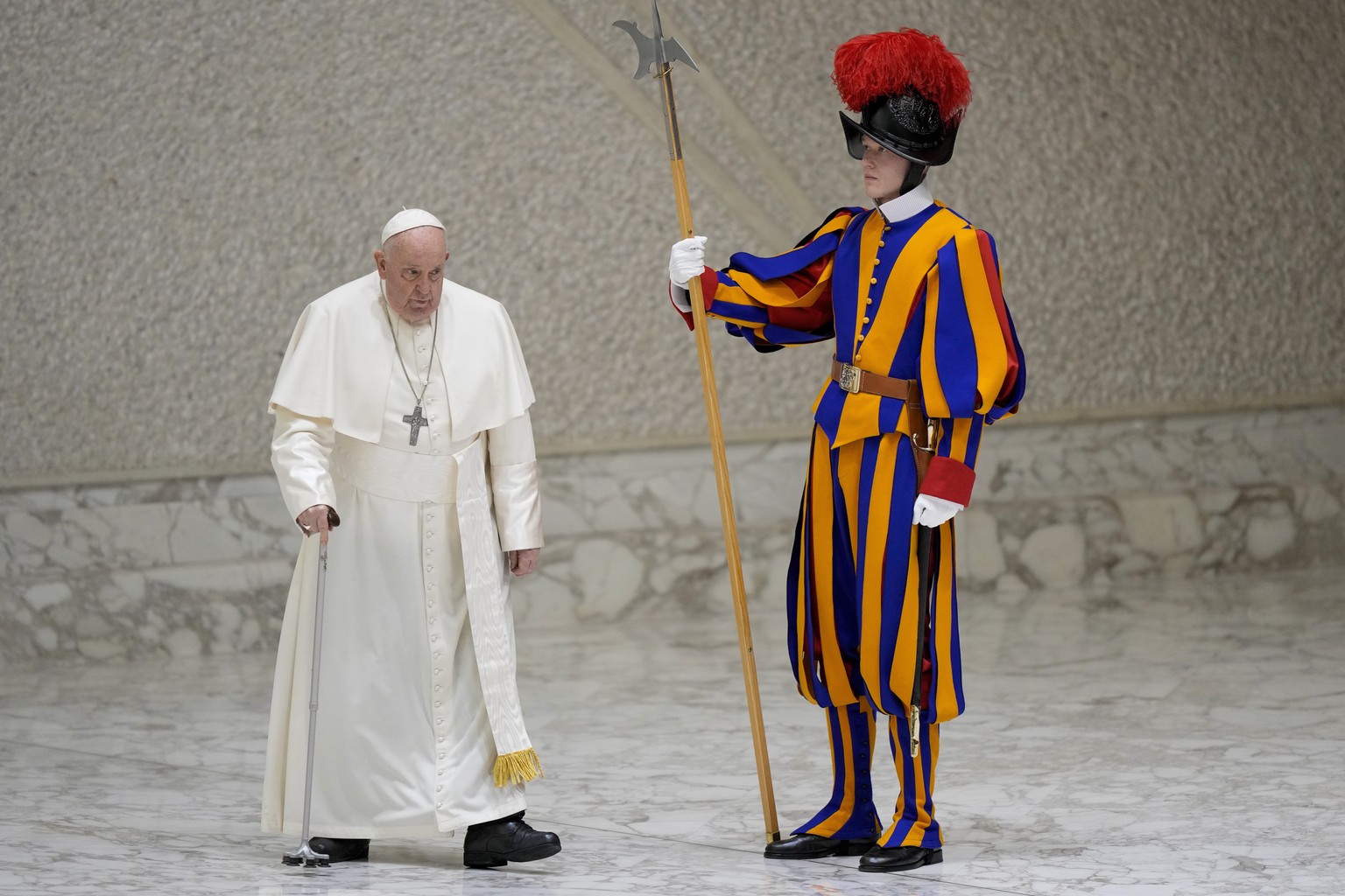 Pope Francis arrives for his weekly general audience in the Pope Paul VI hall at the Vatican, Wednesday, Jan. 10, 2024. (AP Photo/Andrew Medichini)