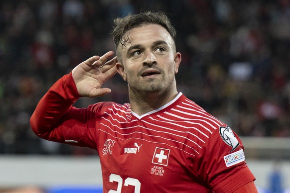 FILE -- Switzerland&#039;s midfielder Xherdan Shaqiri, celebrates his score to 1-0 during the UEFA Euro 2024 qualifying group I soccer match between Switzerland and Belarus, on Sunday, October 15, 202 ...
