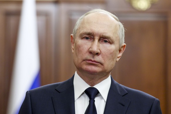 Russian President Vladimir Putin delivers his speech to the nation in Moscow, Russia, Monday, June 26, 2023. (Gavriil Grigorov, Sputnik, Kremlin Pool Photo via AP)